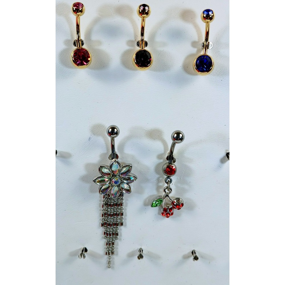 Set of 5 Navel Belly Button Rings Gold Silver Tone Floral Cherry Tassel Crystal - Picture 13 of 13